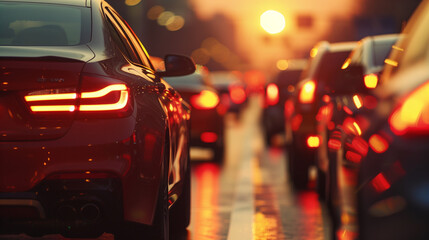 A long line of cars in traffic, driving towards the sunset, with the focus on one car's tail lights...