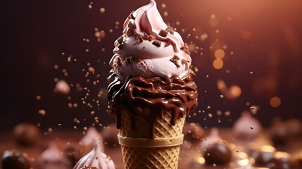 ice cream with chocolate in cone on brown background