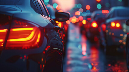 A long line of cars in traffic, driving towards the sunset, with the focus on one car's tail lights and its headlights shining brightly.