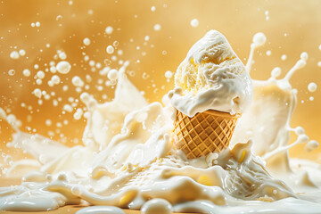 waffle cone filled with ice cream taking a dive into  of milk is splashing out of the cone in all directions