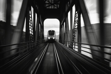 black and white photo of a train crossing a bridge over a river - obrazy, fototapety, plakaty