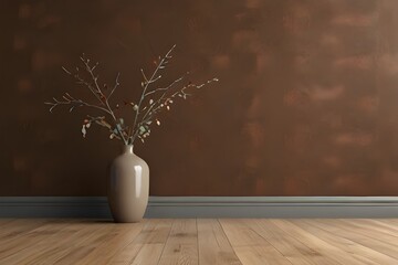Interior background of room with brown stucco wall and vase with branch 3d rendering Generative AI 