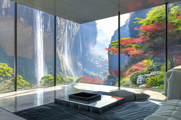modern living room with a stunning view of a waterfall. Floor-to-ceiling windows offer a panoramic view of the cascading water surrounded by lush green trees