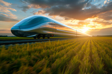 futuristic bullet train speeds through a vast field at sunset