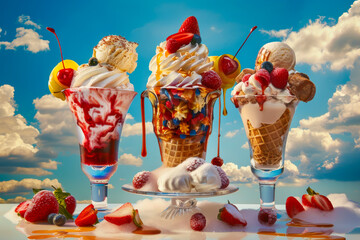 Three tempting ice cream sundaes sit on a light-colored wooden table
