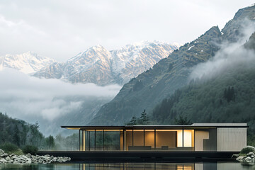 modern house with large windows floats on a calm lake