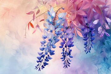 In the soft washes of watercolor, the Wisteria flower exudes a sense of elegance and grace, its delicate petals and subtle shades of purple creating a dreamy, enchanting atmosphere.