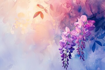 In the soft washes of watercolor, the Wisteria flower exudes a sense of elegance and grace, its delicate petals and subtle shades of purple creating a dreamy, enchanting atmosphere.