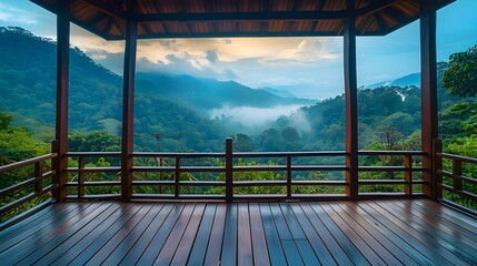 Peaceful Observation Deck in Lush Mountain Landscape Educating Visitors on Climate Impact and Nature Sustainability