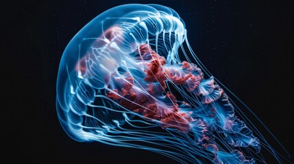 A fascinating X-ray image of a jellyfish, revealing its transparent anatomy in the deep ocean. The jellyfish emits a mesmerizing bioluminescence, combining white, blue, and red radiant colors,