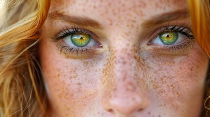   A close-up of a woman's face with freckled skin on her hair and around her eyes