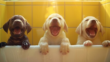   Three dogs sit in a bathtub, mouths agape, paws on tub's edge
