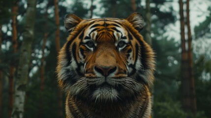   A tight shot of a tiger's face, situated in front of a wooded scene with trees forming the background