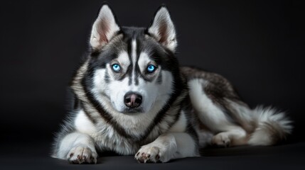   A tight shot of a dog with blue eyes against a solid black backdrop
