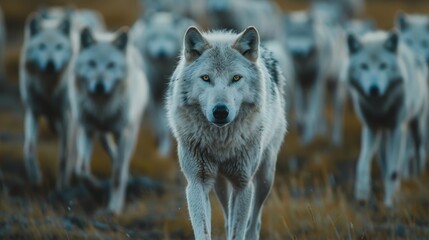   A wolf stands before a pack in a field, surrounded by grass and bush-filled foreground