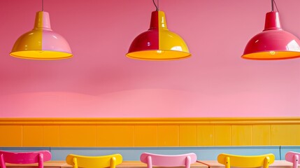   Brightly colored chairs align next to one another in a room boasting pink walls Chairs feature a combination of yellow and pink hues