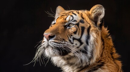   A tight shot of a tiger's visage against a pitch-black backdrop, softened by a blurring effect