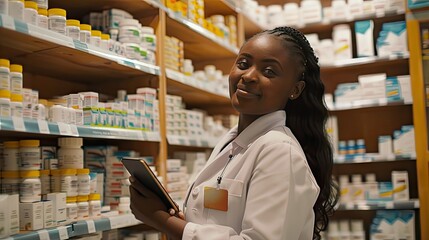 Woman Conducts Experiments With Digital Tablet in Pharmacy Lab