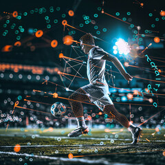 Design a futuristic depiction of AI-enabled sports analytics, featuring sophisticated computer vision algorithms tracking athletes in real time, facilitating immediate performance evaluation, and empl