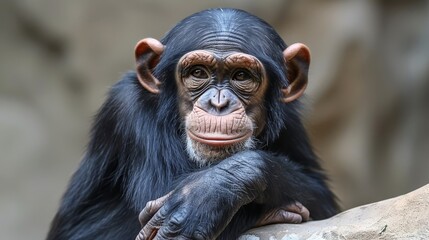   A tight shot of a chimpanzee perched on a rock, gazing at the camera with a solemn expression