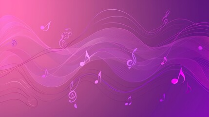   A purple backdrop adorned with music notes and a wave of floating notes; another layer adds pink and purple hues, merging into a wavelike formation of intertwining notes