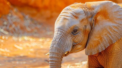   A tight shot of an elephant's wrinkled face against a backdrop of dirt ground Trees loom near in the foreground - obrazy, fototapety, plakaty