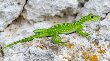   A green lizard atop a rock near a stack of white and orange lichen-covered stones - obrazy, fototapety, plakaty