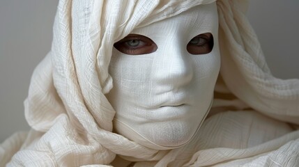   A tight shot of an individual wearing a white mask, concealing their face entirely, including the eyes, with a white cloth