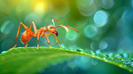   A red ant up-close atop a green leaf against a softly blurred backdrop of blue, yellow, and green - Powered by Adobe