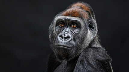   A tight shot of a gorilla's face, featuring orange and white hairs against a black backdrop