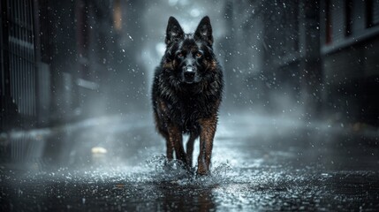   A black-and-brown dog walks down a rain-soaked street, its head tilted to the side