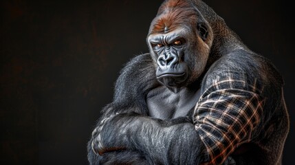   A gorilla in a checked shirt gazes seriously at the camera against a dark backdrop