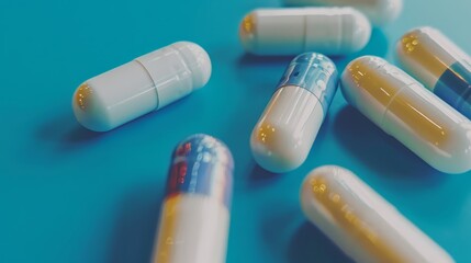   A cluster of pills aligned on a blue tabletop One pill stands out, centered among them, both adjacent and on the blue surface
