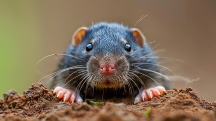   A tight shot of a rodent on dirt-textured ground A green plant stands out in the foreground Background is softly blurred