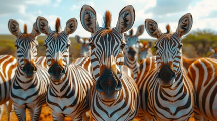   A cluster of zebras aligned on a sun-scorched grass expanse, framed by a blue sky