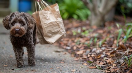   A small brown dog carries a brown paper bag on its back with its mouth full of paws