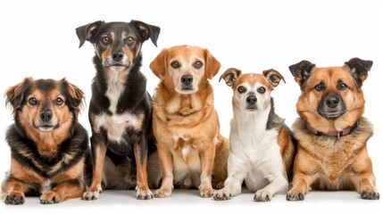   A collection of dogs seated together against a pristine white backdrop, one dog gazes directly at the camera