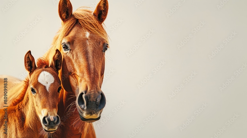 Wall mural   Two brown horses stand adjacent in a verdant green field, before a pristine white wall