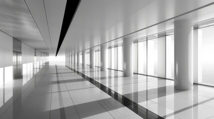   A black-and-white image of a long hallway filled with windows Another black-and-white photograph of the same hallway - Powered by Adobe