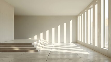   A large, white room featuring numerous windows In its center, a set of stairs bathed in sunlight streaming in through the panes
