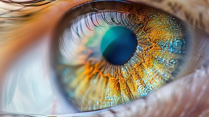   A tight shot of an eye, highlighting its blue iris encircled by a golden yellow pupil