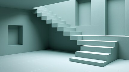   A set of stairs ascends to a light-blue-walled room's window, atop which rests a white tiled floor