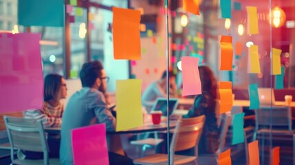 A casual creative brainstorming session, young professionals in smart casual attire, vibrant postit notes on glass walls, laptops and coffee cups on a round table Bright