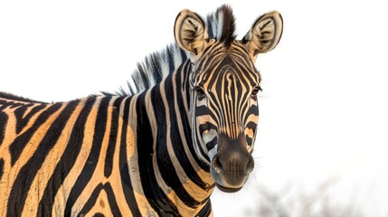   A tight shot of a zebra's head with trees in the background