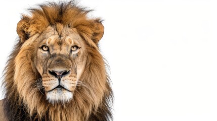   A tight shot of a lion's visage against a pristine white backdrop, its features softly obscured by a gentle blur