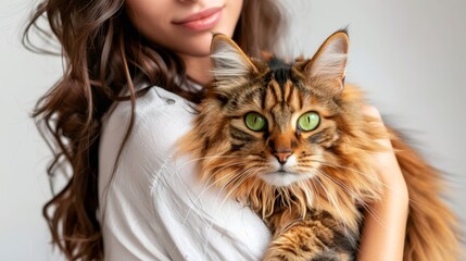   A woman closely holds a green-eyed feline, her expressive face mirroring affection, long tresses cascading down
