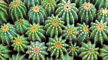  A close-up of several green cacti with yellow tips and white spots on their leaves, along with a solitary yellow dot gracing the center of each plant's uppermost part