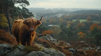   A brown cow atop a lush, green hillside overlooks a forest teeming with tall trees - Powered by Adobe