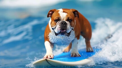   A brown-and-white dog atop a blue surfboard rides a wave in a watery expanse