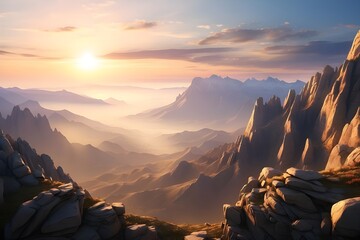  A breathtaking vista from a mountain peak, with rugged cliffs and sweeping valleys stretching out below, bathed in the soft glow of the rising sun.